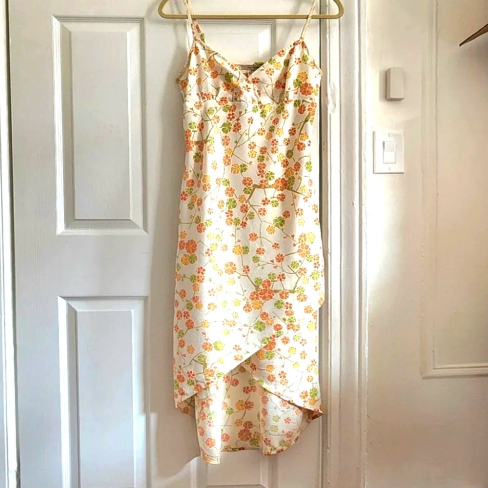 Free People Floral High-Low Slip Dress with Orange & Green Blossoms Size 9/10